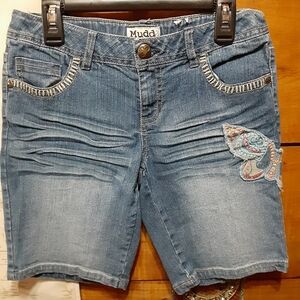 Mudd Girl's Faded Blue Denim Shorts with Embroidered Patch